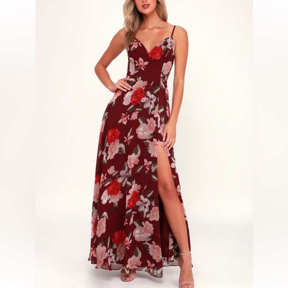 NWT Lulus Into Bloom Burgundy Floral Print Maxi Dress